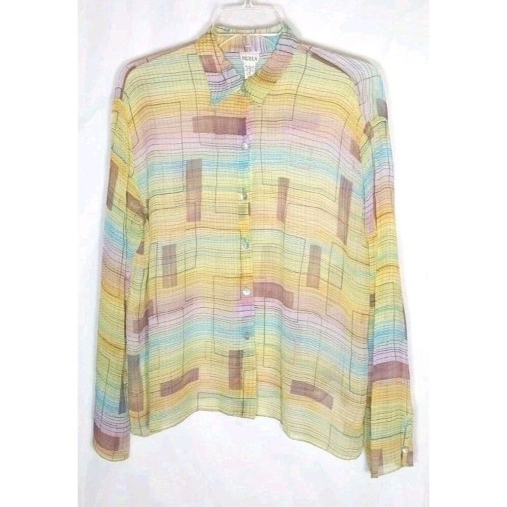 NICOLA Y2K Sheer Crinkle Blouse Sz S Abstract Geometric Pastel Oversized Artsy